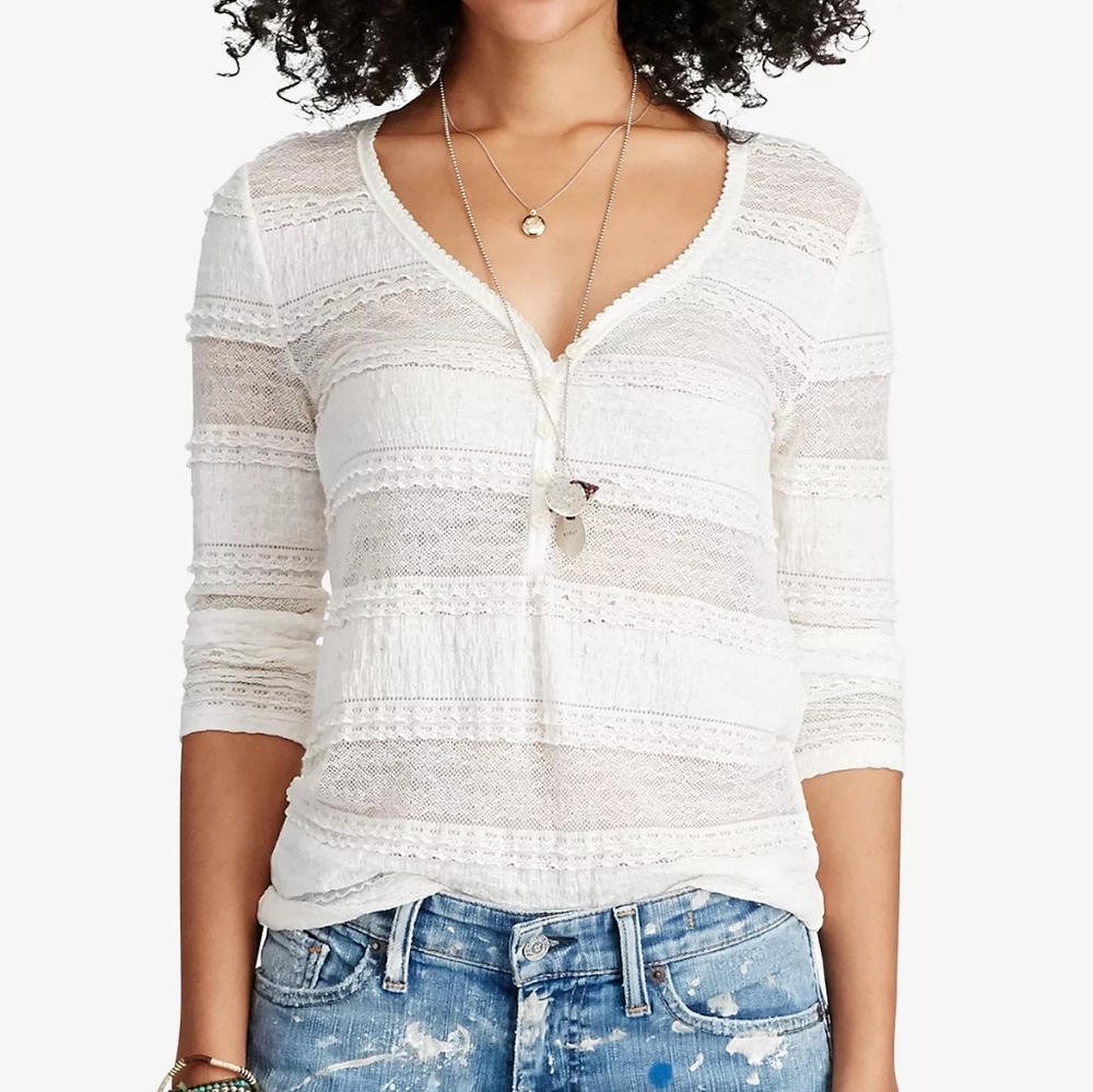 NWOT Denim & Supply Ralph Lauren‎ Lace Ivory Henley 3/4 Sleeve Top Small